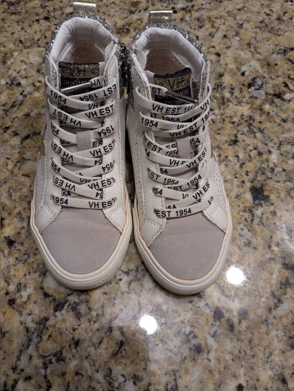 Vintage Havana Gadol High Top fashion sneakers in white with silver glitter.